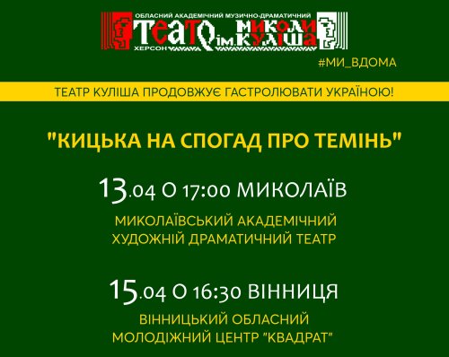 У Миколаєві та Вінниці відбудуться покази моновистави "Кицька на спогад про темінь"